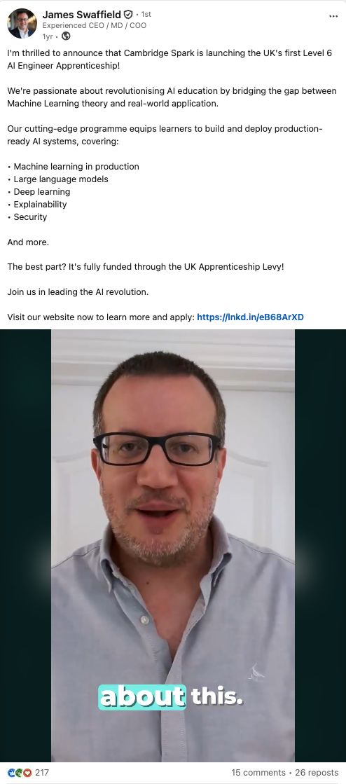 Results of the Cambridge Spark reel on LinkedIn – 217 reactions, 26 reposts