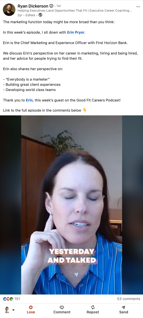Wyniki odcinka podcastu Ryana Dickersona na LinkedIn – 151 reakcji, 53 komentarze