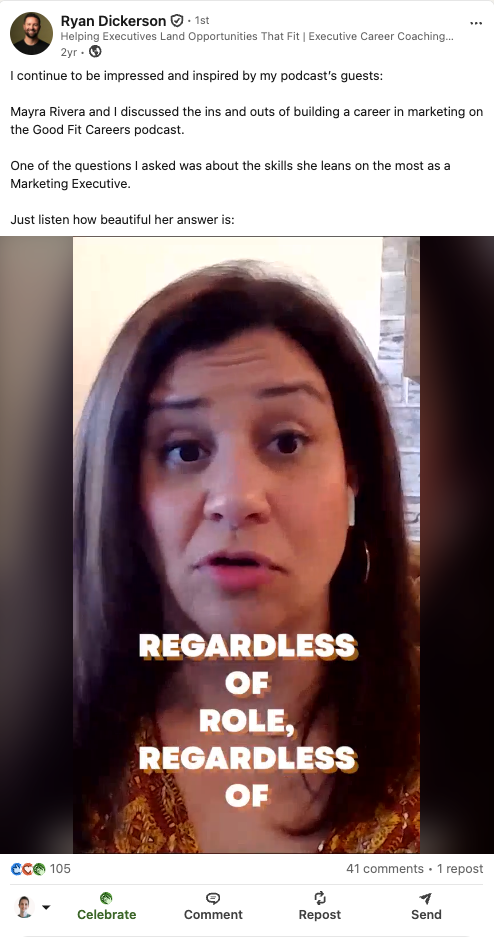 Results of Ryan Dickerson's second podcast clip on LinkedIn – 105 reactions